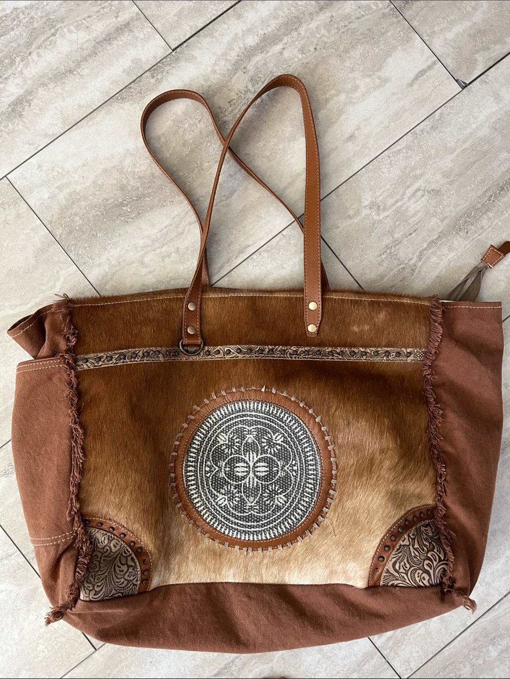 Myra Weekender Boho Cowhide Leather XLarge Tote Bag